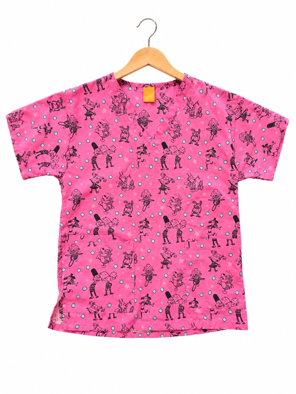 VTG 90s Rugrats Hey Arnold Nickelodeon Pink Cartoon large Nurse vet scrub top